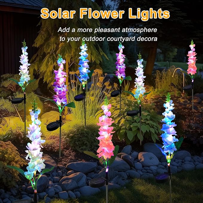 Solar Garden Lights Solar Delphinium Flowers Lights 4 Pack Waterproof Outdoor Light for Outside Wedding Party Garden Yard Patio Lawn Decor 4 Colors Combo