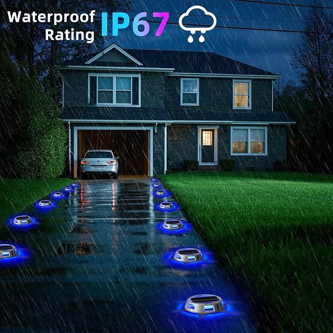 Sumaote Solar Driveway Lights Outdoor, 9 Color Modes LED RGB Dock Deck Lights IP67 Waterproof, Color Changing Security Markers for Garden Yard Pathway Step Ground, 4 Pack