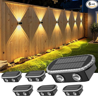 Ellasay Solar Fence Lights Outdoor: Waterproof IP65 with Dual LED Up Down Wall Lighting 3 Color Modes Diamond Crystal Cut Design Easy to Install for Garden Backyard Patio 6 Pack