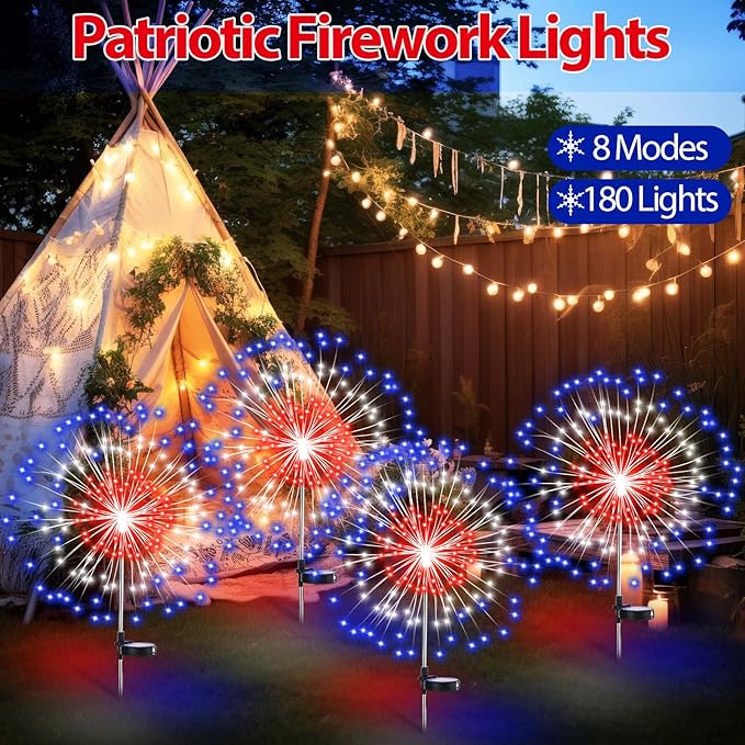 4th of July Decorations Outdoor 4 Pack Colored Solar Firework Lights with 180 LED Patriotic Solar Lights 8 Lighting Modes for Yard Pathway Garden Patio Party Decorations(Red, White, Blue)