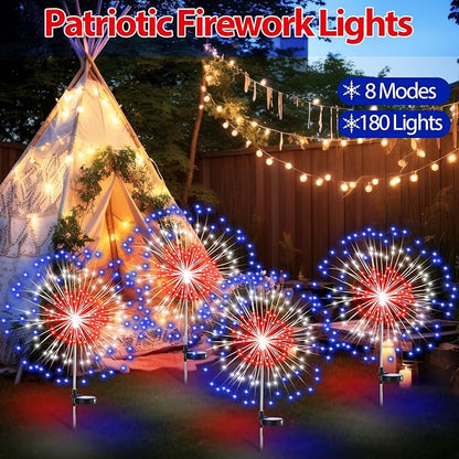 4th of July Decorations Outdoor 4 Pack Colored Solar Firework Lights with 180 LED Patriotic Solar Lights 8 Lighting Modes for Yard Pathway Garden Patio Party Decorations(Red, White, Blue)