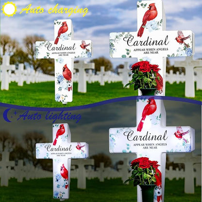 Yousoontic Cardinal Grave Solar Cross Lights Outdoor Memorial Garden Stake Cross Lights for Cemetery Grave Cardinal Garden Decor Solar Stake for Patio Memorial Decoration(Classic Style)