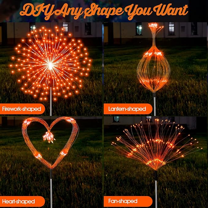 4 Pcs Christmas Solar Decoration Outdoor Orange Solar Firework Lights 180 LED 8 Modes Waterproof LED Stake Sparkler Decor for Holiday Walkway Pathway Garden Driveway Path Lawn Yard (Orange)