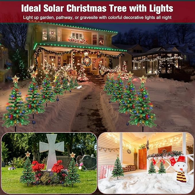 Solar Christmas Trees Lights Outdoor, Solar Powered Xmas Trees Stake Outside Waterproof 3.6FT with 100 LEDs and 8 Modes for Yard Pathway Garden Grave Cemetery Decorations (2 in 1)