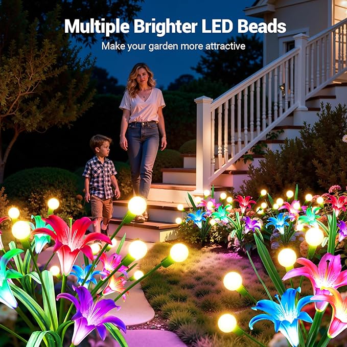 WdtPro Upgraded Solar Garden Lights Outdoor: 4 Pack Solar Firefly Swaying Light with Colorful LED Lily Flower, Waterproof Garden Decor for Yard Patio Pathway Lawn, Gifts for Women (2 Rosy+2 Purple)