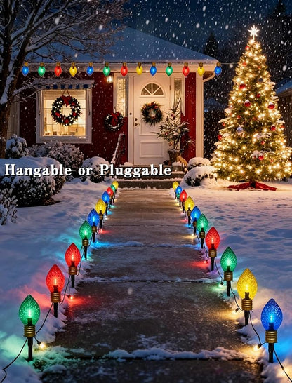 2 Pack Jumbo C9 Christmas Pathway Lights Outdoor, 7FT LED With Marker Stakes, Diamond Pattern Multicolor Light Bulb for Lawn Yard Garden Christmas Decor