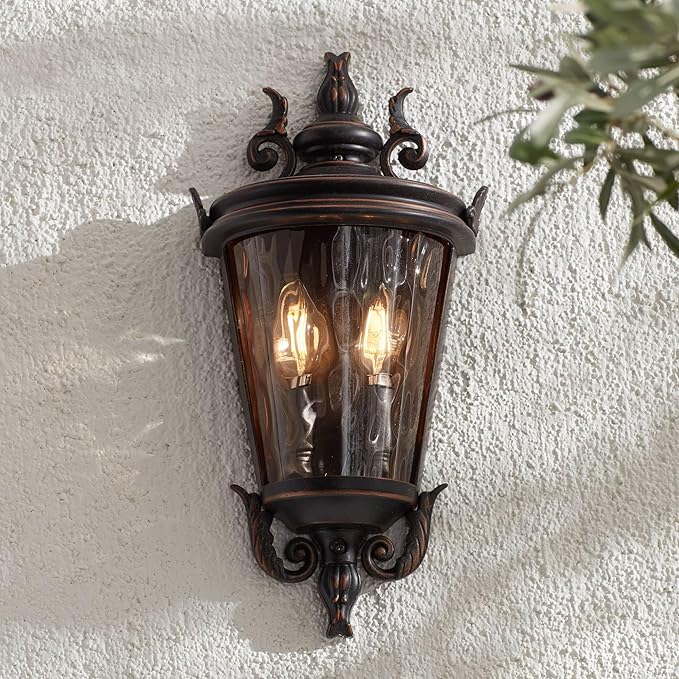 John Timberland Casa Marseille Vintage Outdoor Wall Light Fixture Veranda Bronze 17" Champagne Hammered Glass for | Lumora