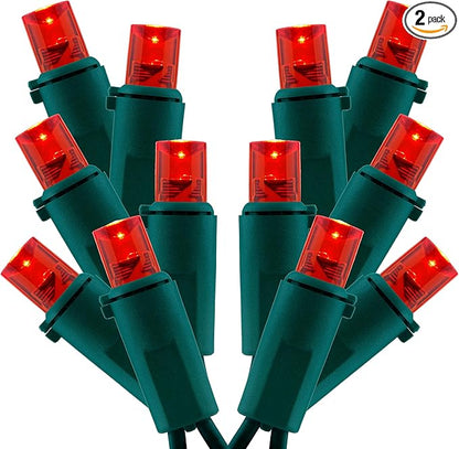 Red Wide Angle Christmas Lights, Pack of 2 Sets 25 Ft 100 LED Green Wire 5mm UL Certified Commercial Grade Holiday String Light