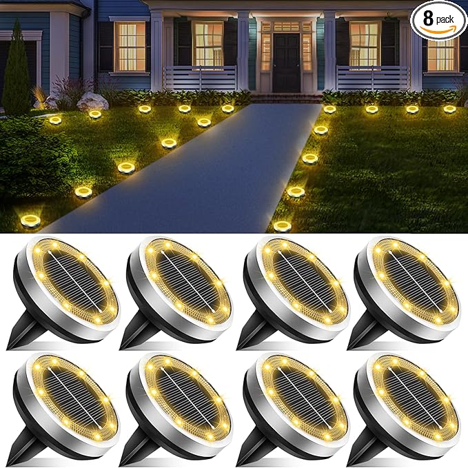 Solar Lights Outdoor Waterproof, 8 Pack 8 LED, Thickened Stainless Steel Ground Light, Solar Garden Lights | Lumora