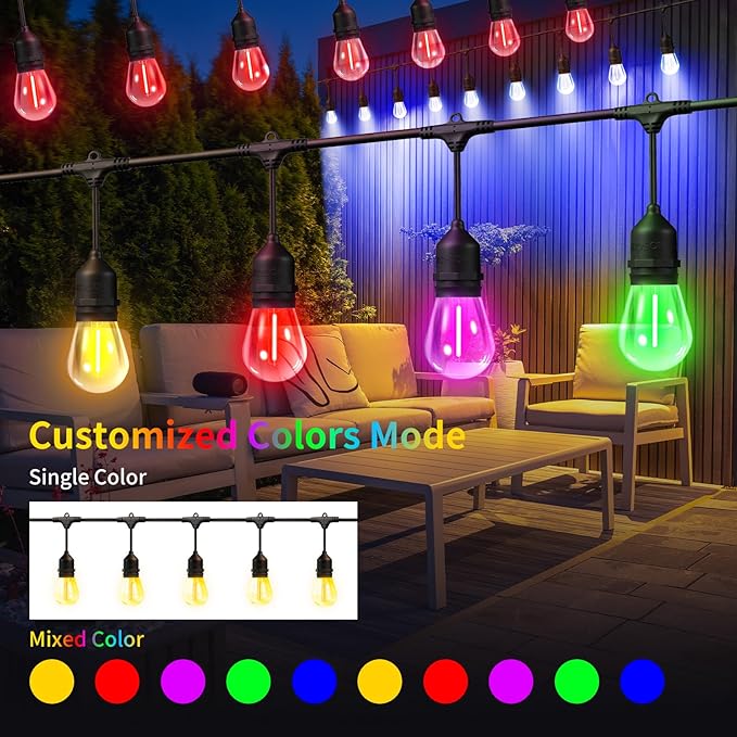 50FT Outdoor String Lights, Outdoor Lights for Patio,with 24+2 LED RGBW Color Change,3000K Bright White Waterproof Bulbs, Dimmer & Remote, Customized 12 Colors & 4 Modes, for Backyard Decor