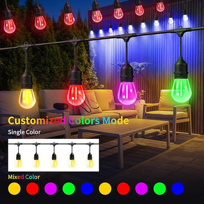 50FT Outdoor String Lights, Outdoor Lights for Patio,with 24+2 LED RGBW Color Change,3000K Bright White Waterproof Bulbs, Dimmer & Remote, Customized 12 Colors & 4 Modes, for Backyard Decor