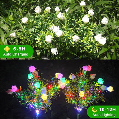 DUODEAN Solar Flower Lights Outdoor, 42-LED Colorful Gardenia Flowers with Auto On/Off and Bendable Stems, Waterproof Decorative Garden Lights for Yard, Pathway, Patio, Cemetery Gravesite (2 Pack)