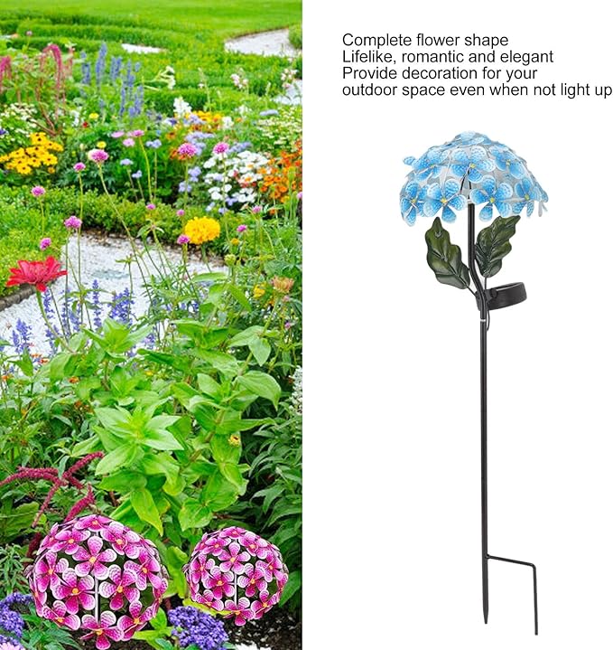 Solar Hydrangea Light, 26 LEDs Lifelike Iron Flower Stake Lamp for Garden Porch Lawn, Outdoor Solar Powered Hydrangea Decorative Lighting for Yard and Garden(Blue)