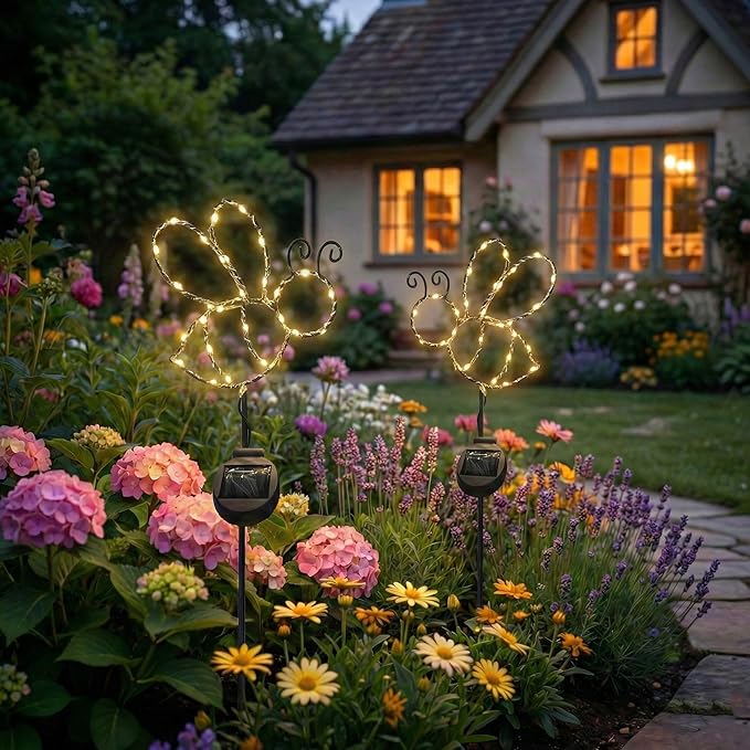 Touch Of ECO Outdoor Solar Powered LED Decorative Garden Stake Light - 2 Pack Warm White Bee Design - Great Decor for Yard, Patio, Lawn, Planter-Makes a Great Gift