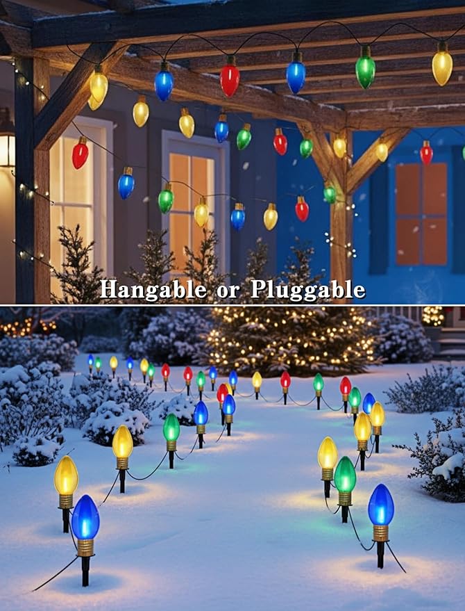 C9 LED Christmas Pathway Lights 7Ft Multicolor Pathway Christmas Lights Walkway Light Outdoor with 4 Colorful Clear Bulbs, Connectable Holiday Commercial Xmas Decoration- Green Wire