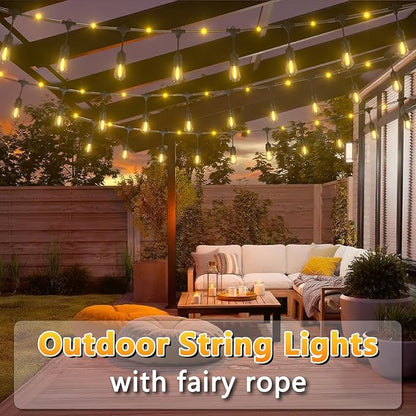 Outdoor String Lights with Lighted Tubing, 48 ft Outside String Lights with 16 (15+1spare) S14 Retro Bulbs & 144-LED Lighted Fairy Tubing, IP65 Waterproof &Connectable LED Light for Patio Bistro