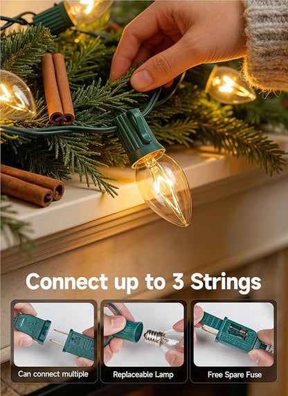 Minetom C9 Clear Christmas String Lights, 25FT 25 Bulbs Bright & Warm Outdoor Christmas Lights, Long Life C9 String Lights for Tree Patio Gazebo Wreath, Green Wire