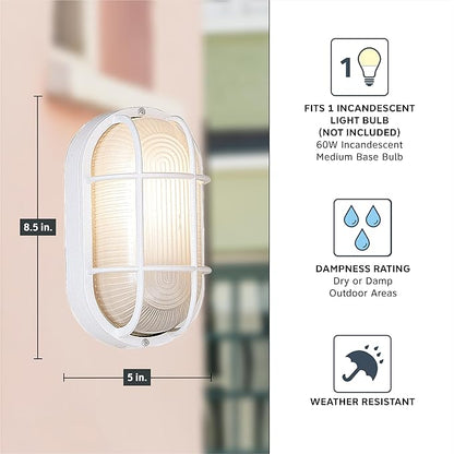 Designers Fountain Outdoor Wall Light, 5 Inch Oval Bulkhead Lighting Fixture with Cage Guard, Porch or Patio Ceiling Mount Sconce, White, 2071-WH