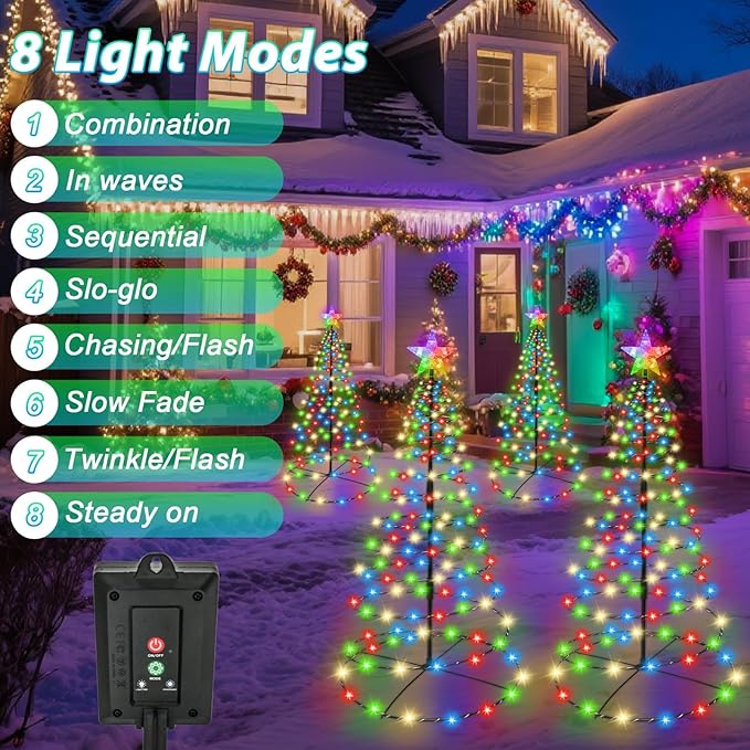 4 Pack Solar Spiral Christmas Tree Lights Outdoor, 32inch 270LEDs Christmas Pathway Light with 8 Modes, Auto On/Off, IP65 Waterproof, Timer & Memory Function for Yard Garden Christmas Decorations