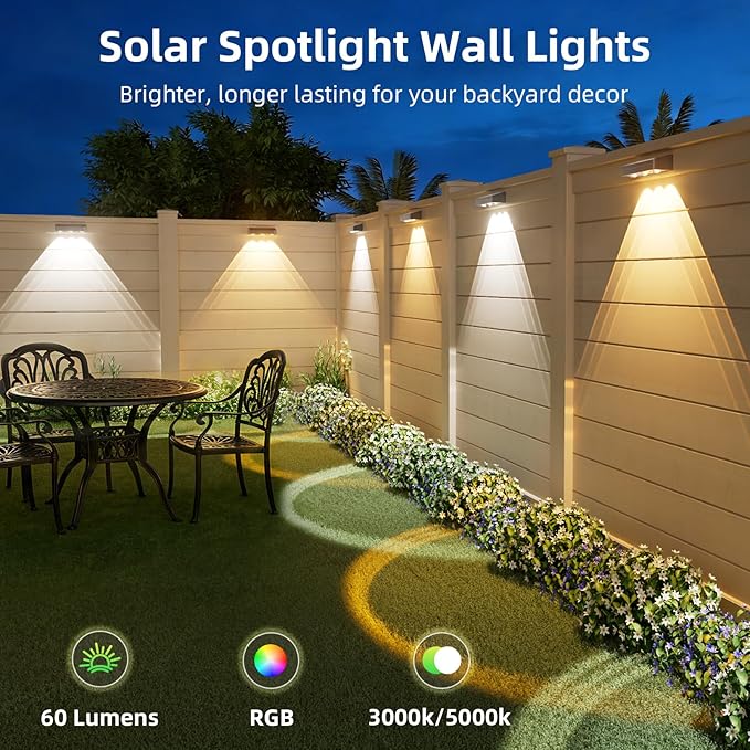 Solar Fence Lights with Remote 8 Pack, Color Changing RGB & Warm White, 12 Dynamic Modes, IP65 Waterproof, Solar Lights for Fence, Deck, Backyard, Patio Holiday & Party Decoration