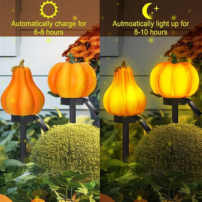 2 Pcs Fall Solar Lights Pumpkin Outdoor Thanksgiving Halloween Decoration Waterproof Light up Pumpkin Yard Sign for Fall Harvest Decor Porch Garden Lawn(Orange)