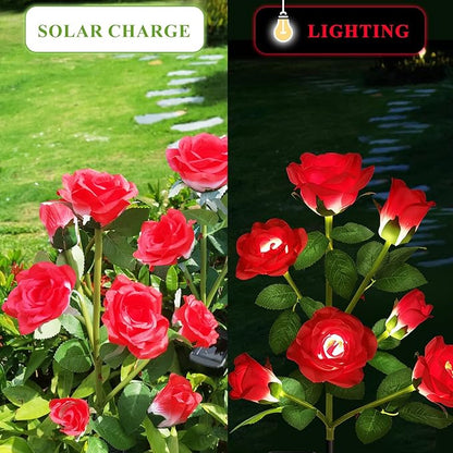 DWH 2 Pack Solar Garden Lights Outdoor, 7-Flower Rose LED Stake Light for Yard Patio Pathway Lawn Fence Cemetery, Red