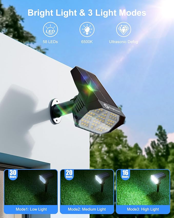 Brightown 4Pack Solar Spot Lights Outdoor with 58 LED & 1800mAh, IP67 Solar Lights Outdoor Waterproof with 3 Light | Lumora