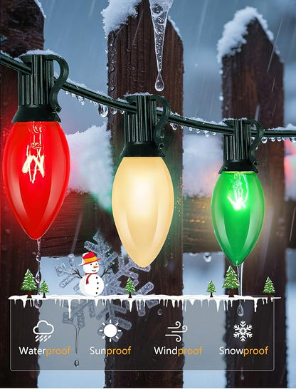 C9 Red White and Green Christmas Lights Outdoor, 25FT Vintage Christmas Tree Light with 26 C9 Clear Multicolor Bulbs, Hanging Outdoor Christmas Lights for Holiday Roofline Patio Garden Party Decor