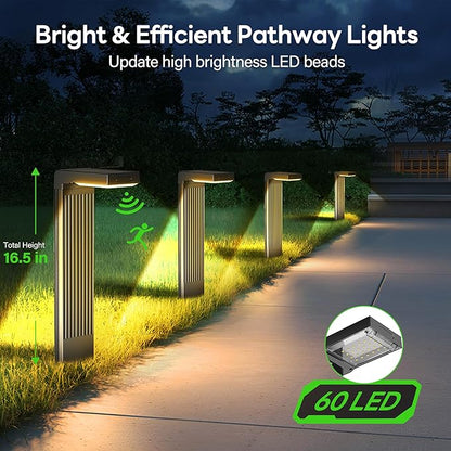 Solar Pathway Lights Outdoor 4Pack, 2 Color in 1 Motion Sensor Walkway Lights 400LM with Warm/Cool White, 12H Lasting, IP65 Waterproof Solar Powered Landscape Lighting for Garden, Yard