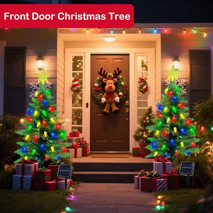 4FT Solar Christmas Tree Christmas Decorations Outdoor, 250 Branch Small Xmas Tree with 100 LED C6 Lights, Waterproof Solar Christmas Lights for Porch, Pathway, Yard, Cemetery, 1 Pack