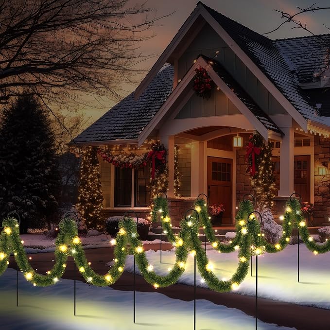 Christmas Pathway Lights Outdoor 50 ft Solar Christmas Garland Lights Outdoor with 100 LED and Walkway Stakes Pre Lit Garland Walkway Lights Decoration for Yard Lawn Garden Outdoor