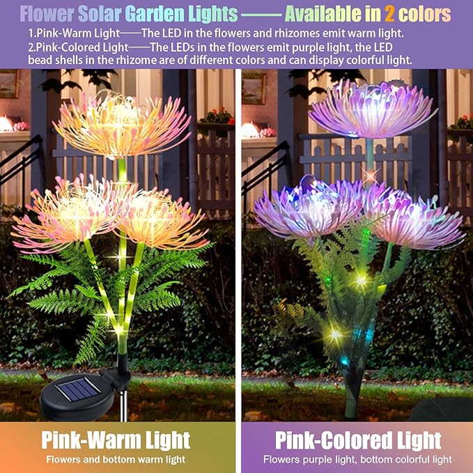 AVEKI Outdoor Solar Garden Lights, 2 Pack Solar Equinox Flowers Lights Colored LED Beads IP65 Waterproof Landscape Lights Outside Lights for Yard Lawn Patio Women's Gift (Warm Light)