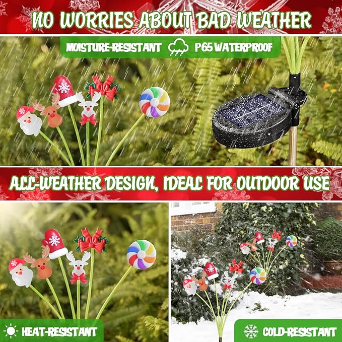 Christmas Solar Garden Lights Outdoor, 4 Pack 24 LED Firefly Swaying Lights with Santa Reindeer Candy Cane Mitten Decor, 6 Heads Waterproof Pathway Yard Lawn Holiday Decorations (CH LEDs)