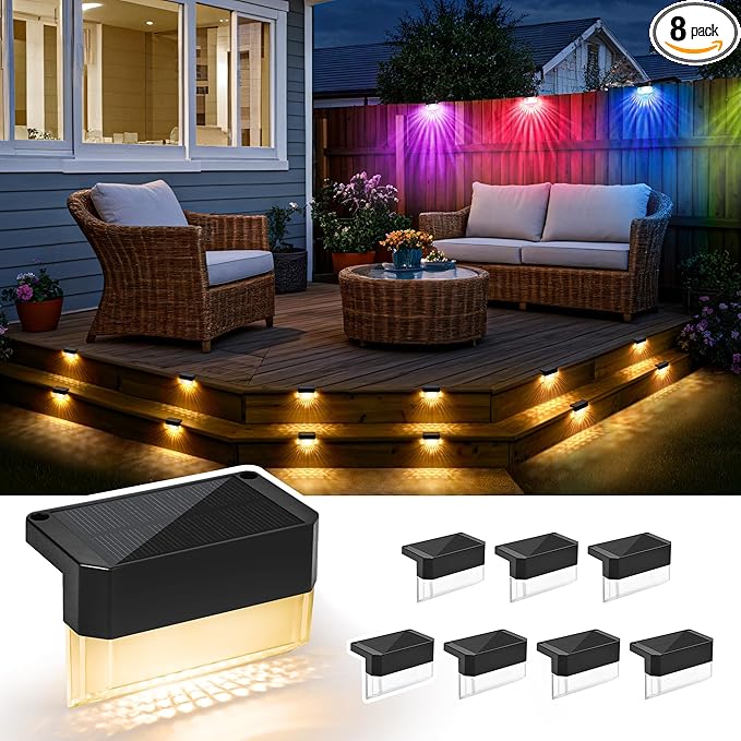 SOLPEX Solar Deck Lights Outdoor,Solar Fence Lights Waterproof Led Light for Outdoor Stairs,Step,Patio,Yard,Garden,Balcony and Porch,8 Pack Shell-Like Light Spots(Black Shell,Warm White&RGB)