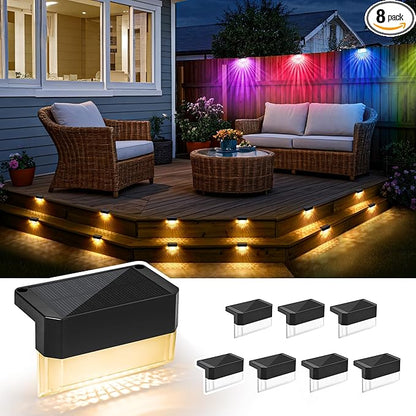 SOLPEX Solar Deck Lights Outdoor,Solar Fence Lights Waterproof Led Light for Outdoor Stairs,Step,Patio,Yard,Garden,Balcony and Porch,8 Pack Shell-Like Light Spots(Black Shell,Warm White&RGB)