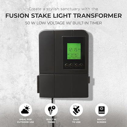 Fusion Low Voltage Outdoor Lighting Transformer with Timer, 50 Watt, Landscape LED Light Controller for Home and Garden Pathways, Black