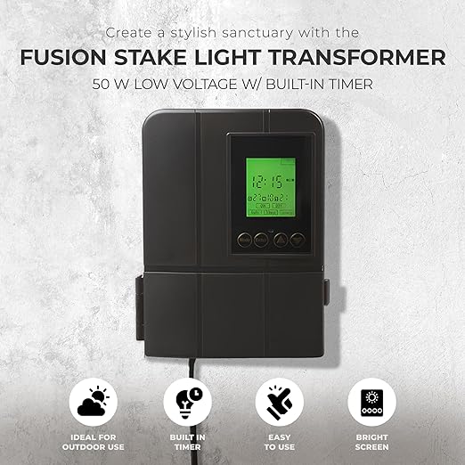 Fusion Low Voltage Outdoor Lighting Transformer with Timer, 50 Watt, Landscape LED Light Controller for Home and Garden Pathways, Black