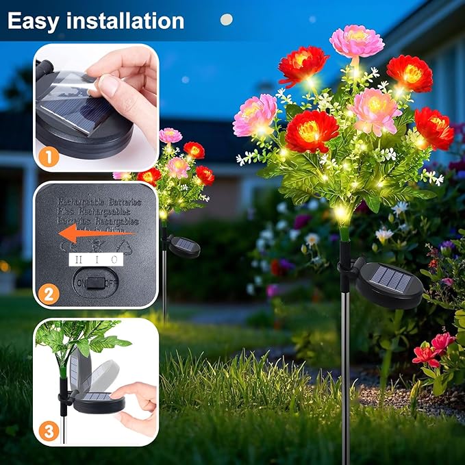 2 Pack Solar Flower Lights Outdoor - 14 Blooming Waterproof Snow Lotus Garden Lights for Patio, Yard, Pathway, and Landscape Decoration - Auto On/Off, IP65