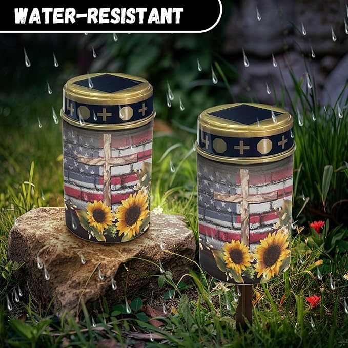 US Flag-Cross-Sunflower Solar Garden Lights Outdoor LED Lantern Pathway Stake Lights Solar Waterproof Solar-Powered Fairy Lights for Outside Landscape Lighting,Wall Light Auto On/Off