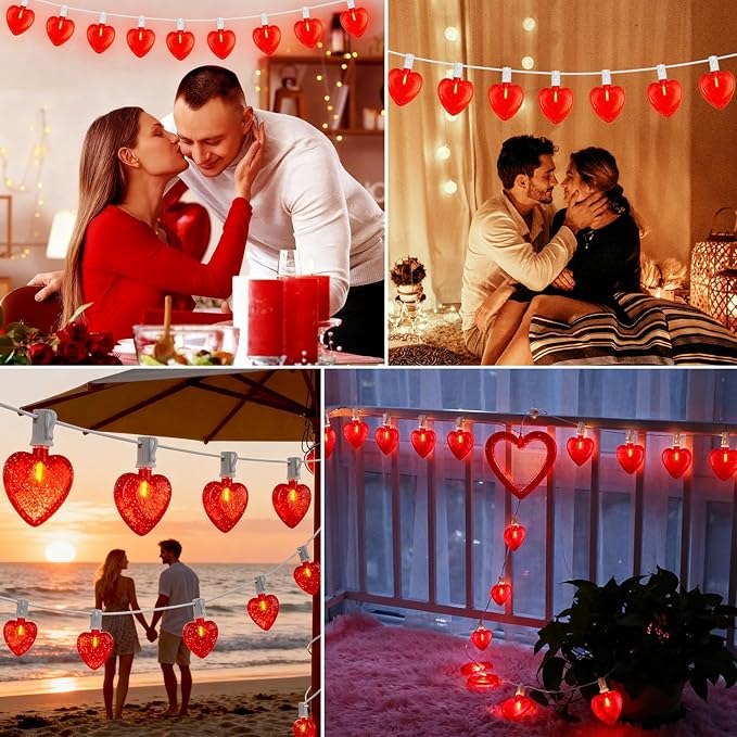 20Ft Valentine's Day String Lights Outdoor with Glitter 3D Red Heart Shaped Lights, 22 Dimmable LED Bulbs(2 Spare) Waterproof for Indoor Outdoor Wedding Anniversary Party Valentine's Day Decorations