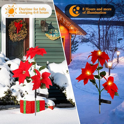 VIHOSE 4 Pieces Christmas Solar Poinsettia Stake Light Flowers Waterproof Trees Pathway Lights for Cemetery Grave Pathway Yard Garden Lawn Outdoor Xmas Decoration