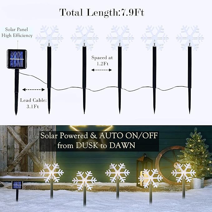 Solar Christmas Snowflake Pathway Lights Outdoor,7.9Ft LED Stake Lights for Lawn Yard Walkway Backyard Garden Decor Xmas Marker Decoration,5 Pack 3D Snowflake Decorative Landscape Lighting Warm White