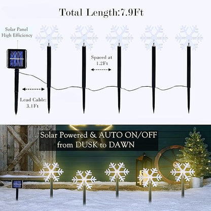 Solar Christmas Snowflake Pathway Lights Outdoor,7.9Ft LED Stake Lights for Lawn Yard Walkway Backyard Garden Decor Xmas Marker Decoration,5 Pack 3D Snowflake Decorative Landscape Lighting Warm White