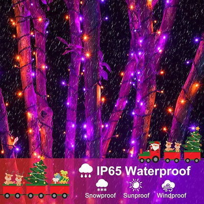 Orange and Purple Christmas Lights, 66FT 200 LED Christmas Lights Outdoor with 8 Modes Waterproof, Plug in Twinkle Tree Light Green Wire for Indoor Bedroom Garden Patio Party Decorations