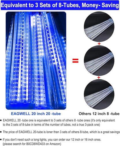 Christmas Lights Outdoor, 20 Inch 20 Tubes 1080 LED Blue Meteor Shower Lights, Cascading Snow Falling Icicle for Xmas Tree Yard Halloween Wedding Party Decor