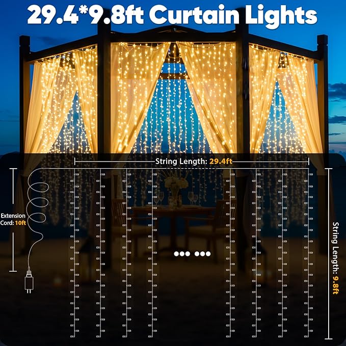 suddus 900 LED Christmas String Lights Outdoor, 9.8x29.5ft Curtain Lights Plug in with Remote,Wall Hanging Lights for Christmas,Dorm,Wall,Window,Wedding,Party,Birthday Decor,Warm White