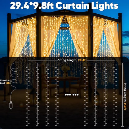 suddus 900 LED Christmas String Lights Outdoor, 9.8x29.5ft Curtain Lights Plug in with Remote,Wall Hanging Lights for Christmas,Dorm,Wall,Window,Wedding,Party,Birthday Decor,Warm White