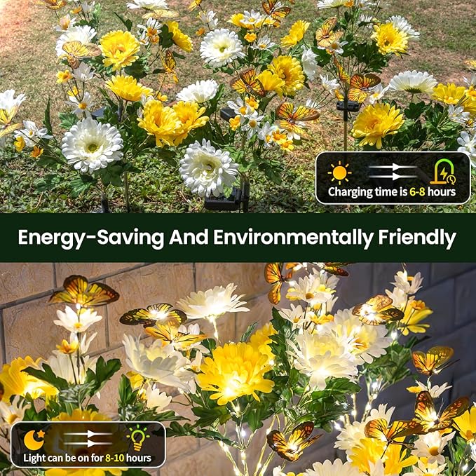 Solar Garden Light 6 Packs, 120 LEDs Outdoor Solar Lighting with Daisy and Butterfly, Waterproof Outdoor Garden Light for Patio, Courtyard, Pathway Decoration (Yellow)