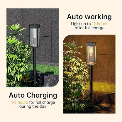 Solar Pathway Lights Outdoor, LED Garden Stake Light with Automatic Charging, Black ABS Plastic, 21.26 Inch Height, Warm White 3000-4000K, Ground Mount Landscape Lighting (Black Square, 4, Count)