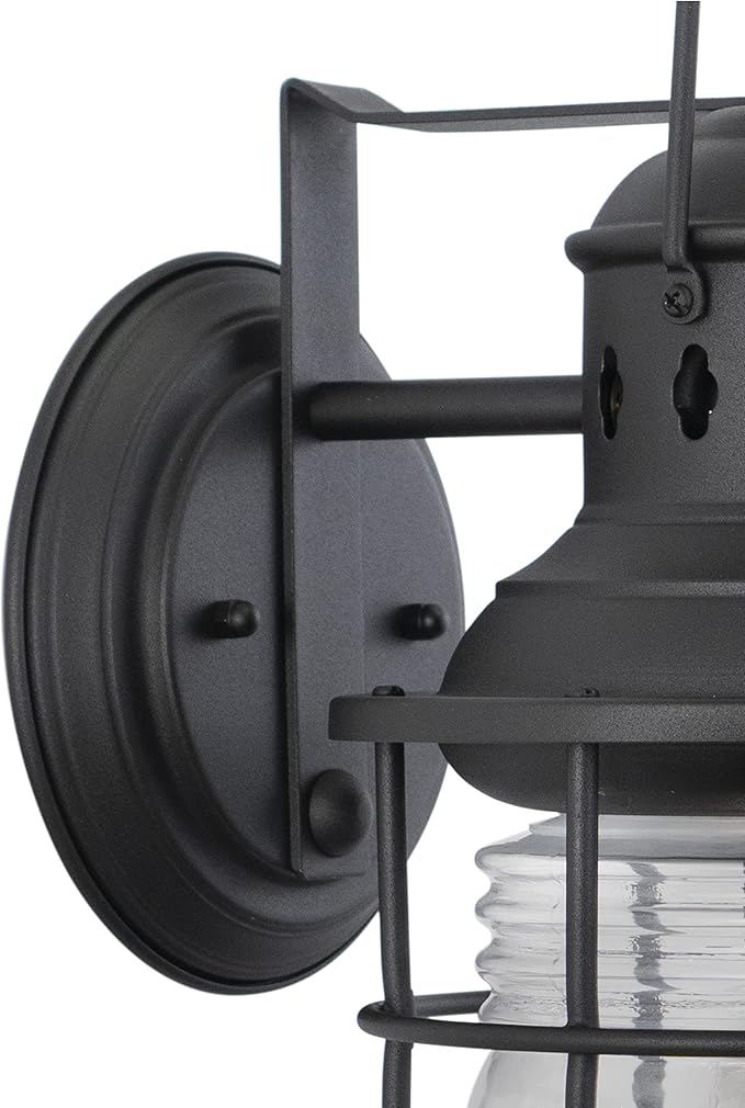 VAXCEL Hyannis 18 in. H 1-Light Textured Black Coastal Outdoor Wall Sconce Made of Durable Steel, Clear Ribbed Glass Shade, LED Compatible, Use for Exterior Porch Patio Front Door or Garage
